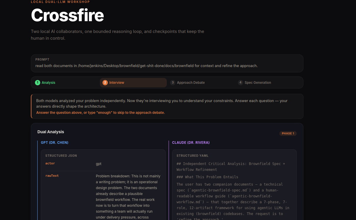 Screenshot of Crossfire in action showing adversarial debate between Claude and Codex