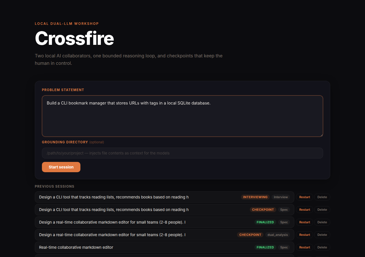 Crossfire landing page with a problem statement typed into the input field and a list of previous sessions below.