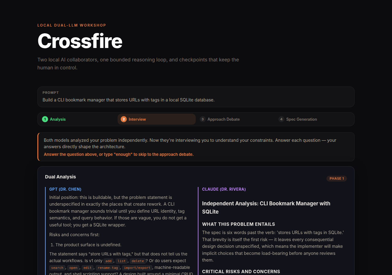 Crossfire UI showing the phase stepper at the top, dual analysis cards from Dr. Chen and Dr. Rivera side by side, and the interview guidance banner.