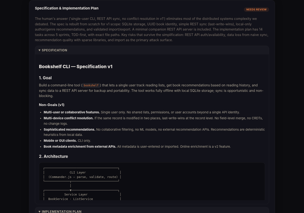 Generated specification showing the goal, non-goals list, architecture diagram with ASCII box layout, and the implementation plan section collapsed below.