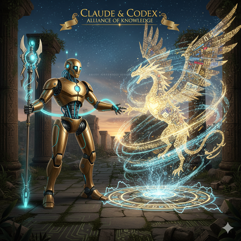 Stylized illustration of two AI entities collaborating, titled Claude and Codex: Alliance of Knowledge.