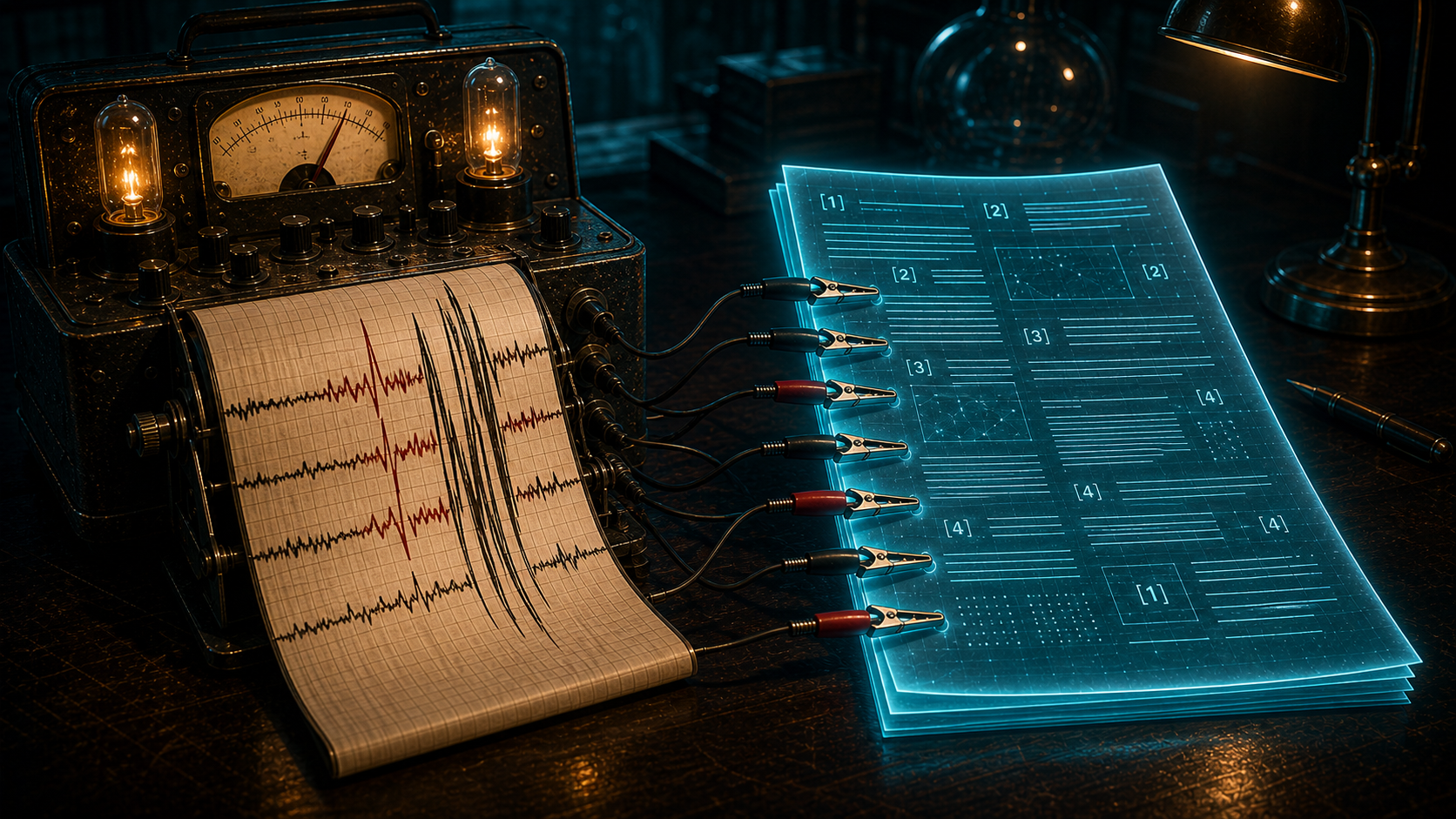 A polygraph machine wired up to an AI research report, ink needles spiking on a scrolling chart of citations.