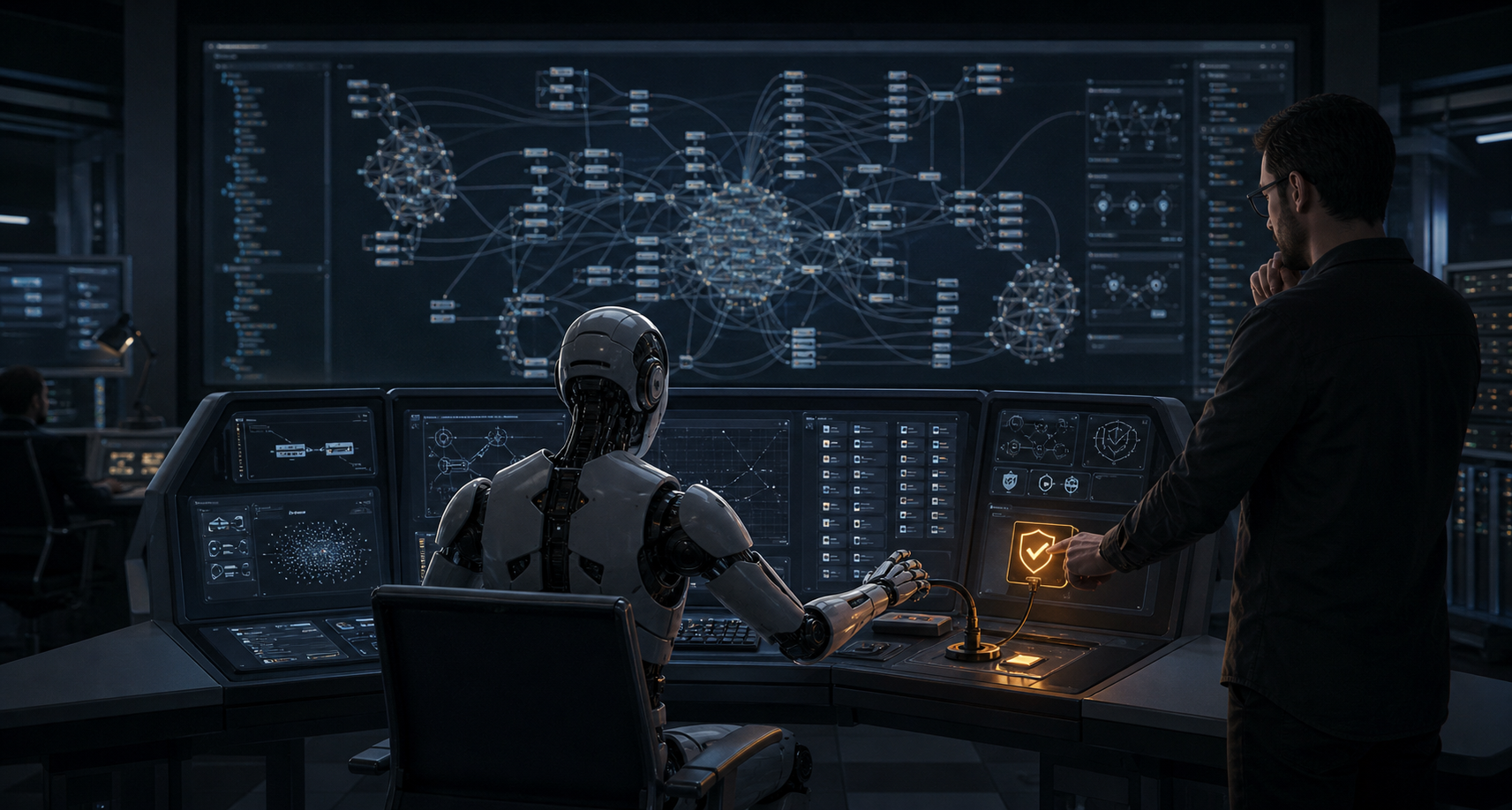 AI coding agent and human operator reviewing a large codebase map before approving a tool connection