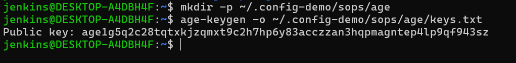 Terminal output showing age-keygen generating a public key and writing the private key to the SOPS age key file.