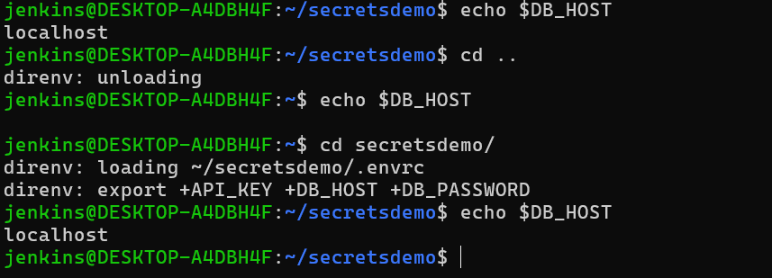 Terminal session showing direnv loading encrypted environment variables when entering a project directory.