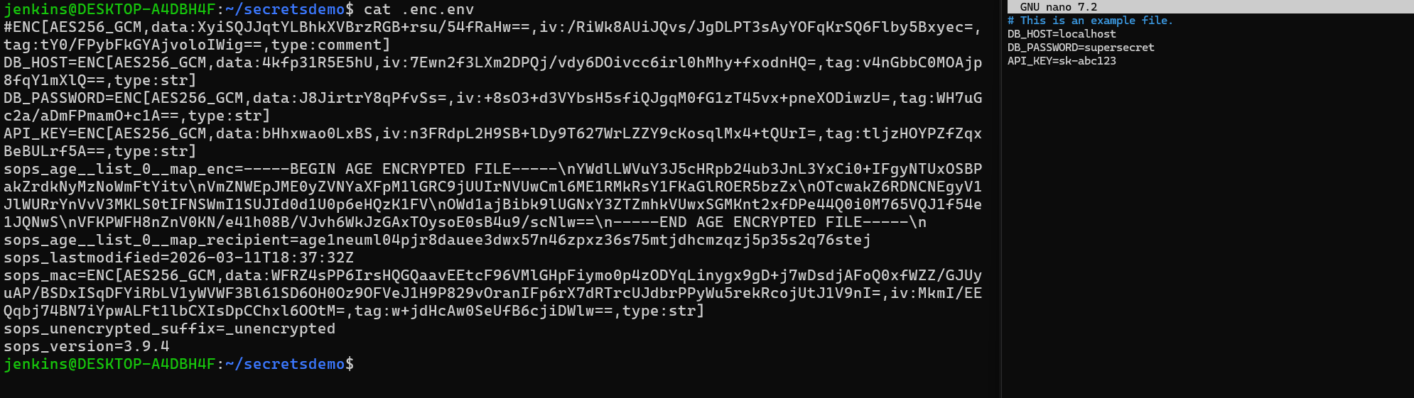 Side-by-side comparison of a normal dotenv file and a SOPS-encrypted dotenv file with readable keys and encrypted values.