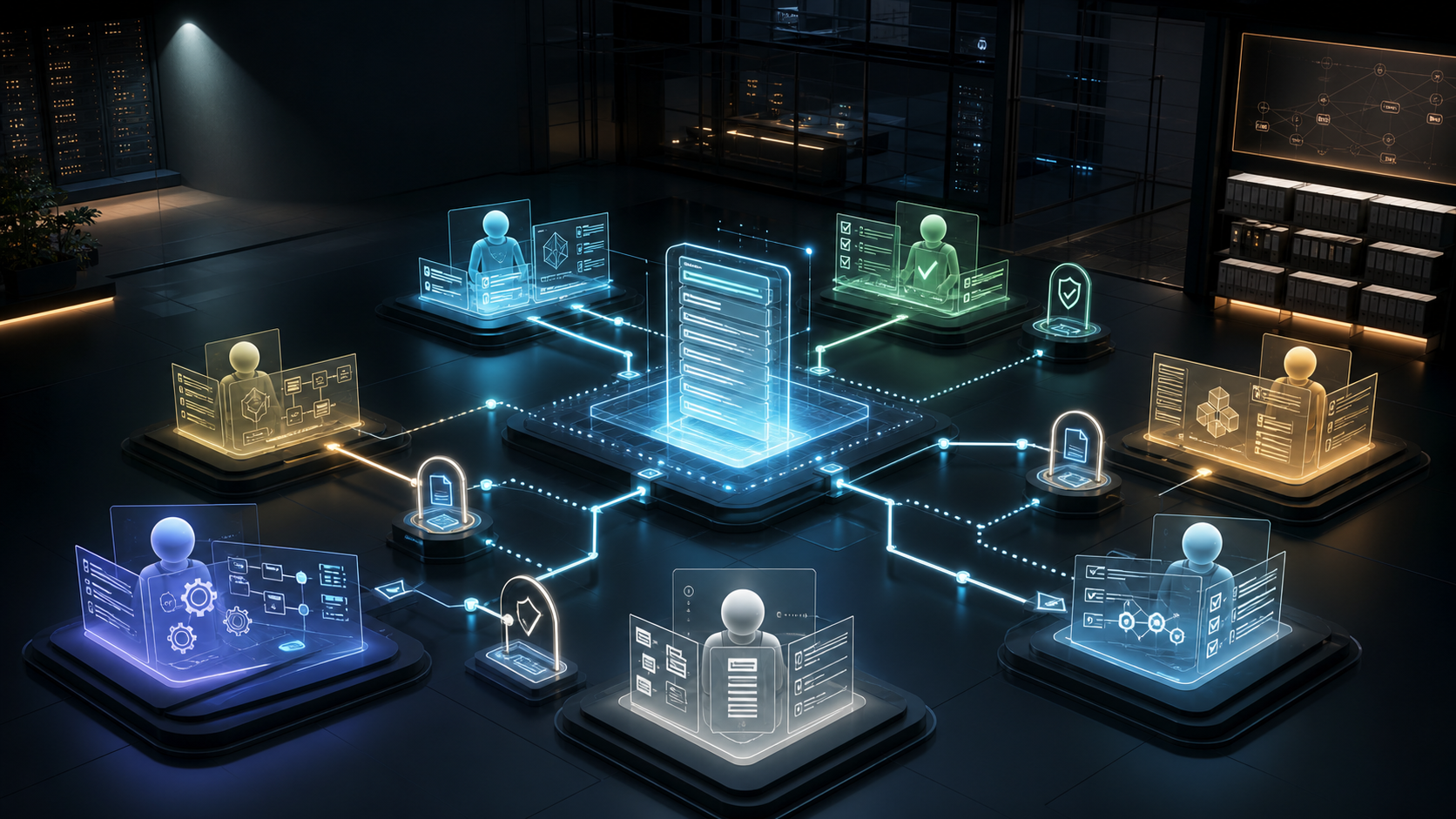 Technical control room where multiple AI agent workstations connect to a central traceability ledger