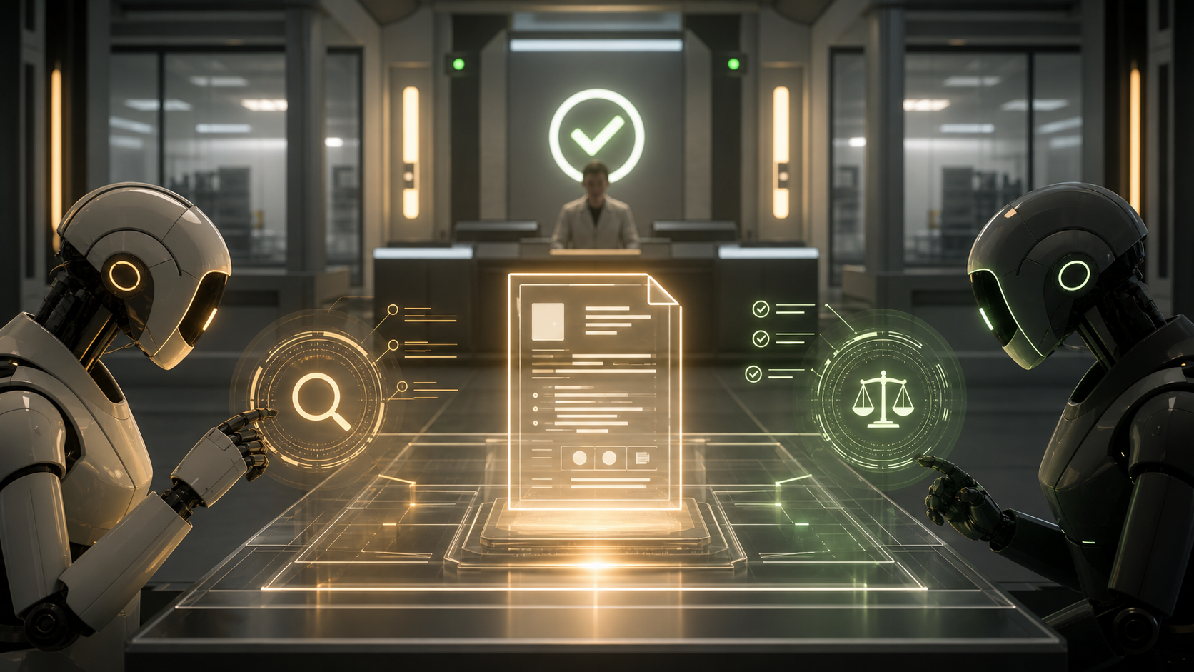 Two separate AI reviewers inspect the same code artifact while a human watches the approval gate