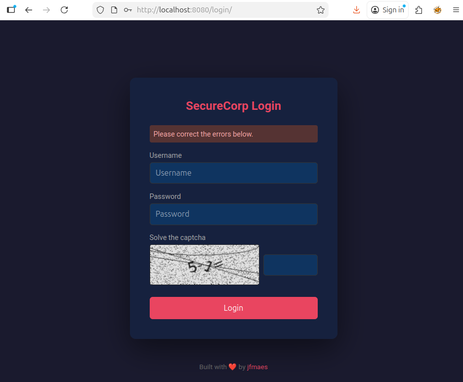 Django login page with a math-based CAPTCHA challenge showing a noisy, distorted image.