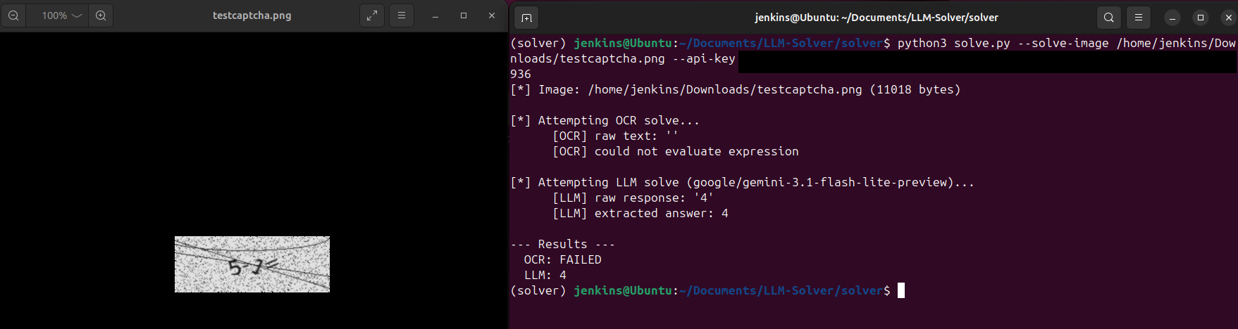 Terminal output showing OCR failing to read the CAPTCHA while the LLM correctly extracts the answer.